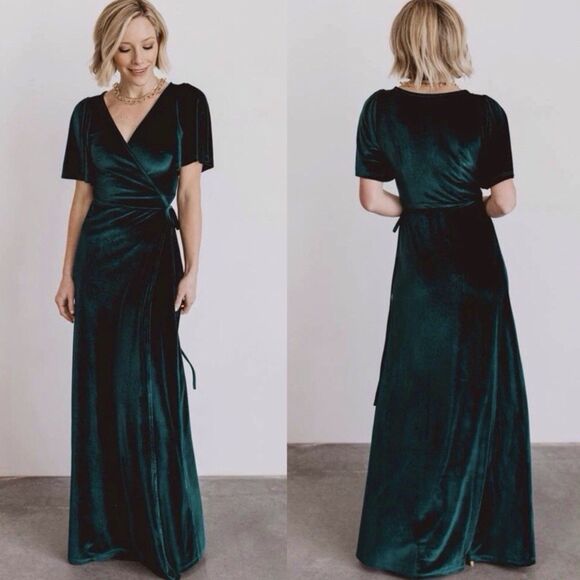 Baltic Born Maxi Wrap Velvet Dress XS Emerald Green Meghan Wedding Holiday Party - Picture 2 of 11